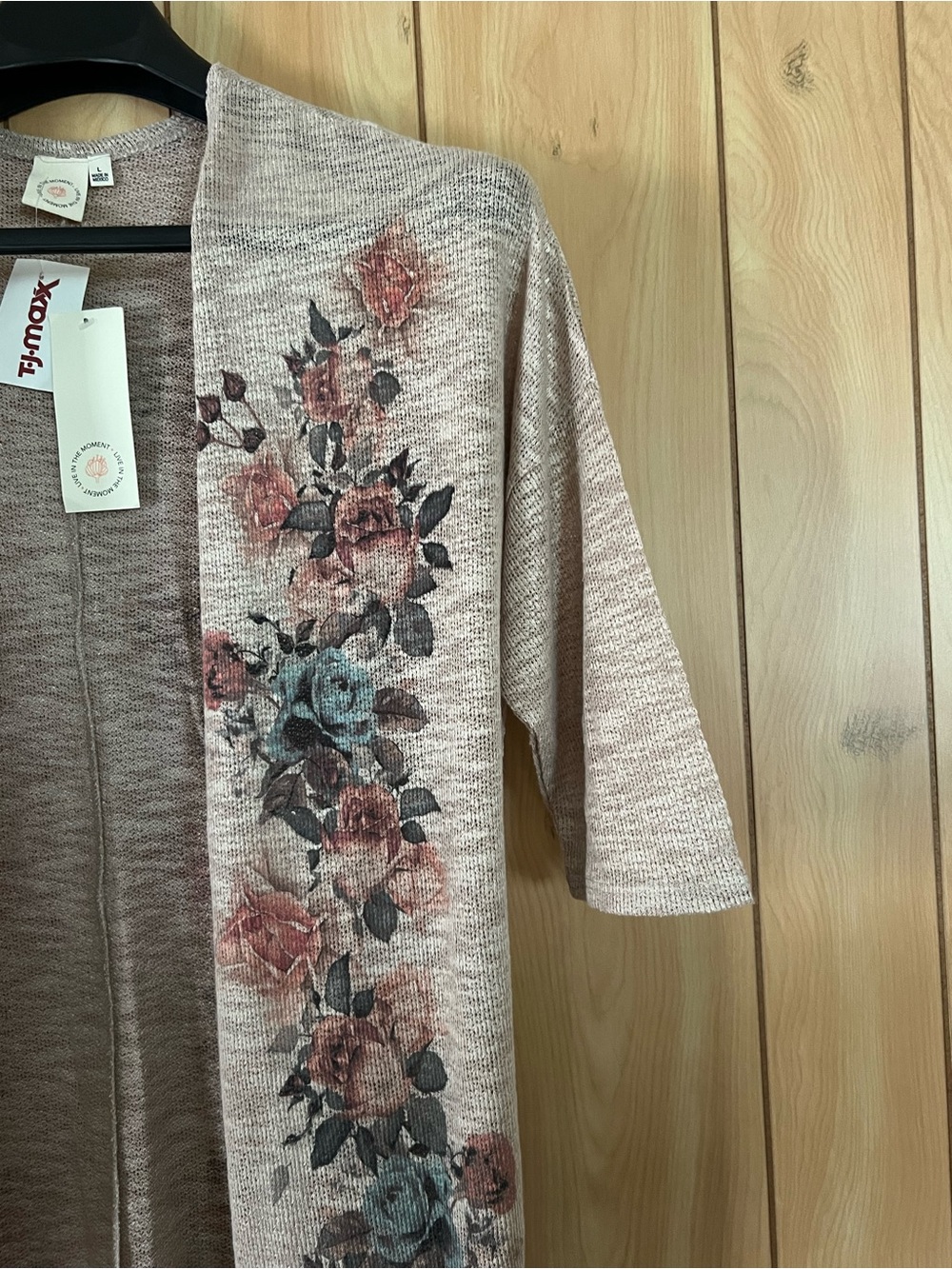 Live In The Moment Floral Knit Cardigan L NWT TJ Maxx Boho Open Front Pink Gray - Picture 5 of 8